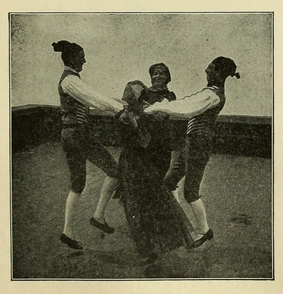 An illustration from Dances of the people : a second volume of Folk-dances and singing games; containing twenty-eight folk-dances of the United States, Ireland, England, Scotland, Norway, Sweden, Denmark, Finland, Germany, and Switzerland; with the music, full directions for performance and numerous illustrations, 1913, leaf 81