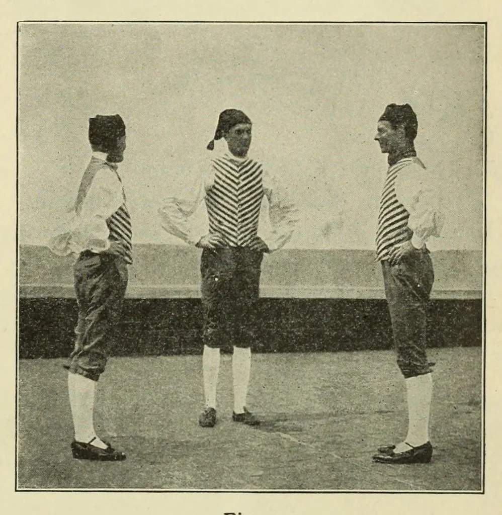 An illustration from Dances of the people : a second volume of Folk-dances and singing games; containing twenty-eight folk-dances of the United States, Ireland, England, Scotland, Norway, Sweden, Denmark, Finland, Germany, and Switzerland; with the music, full directions for performance and numerous illustrations, 1913, leaf 85