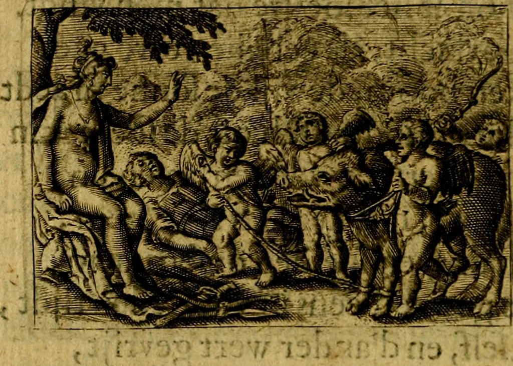 An illustration from Dan. Heinsii Nederduytsche poemata ; by een vergadert en uytgegeven door P. S, 1618, leaf 45