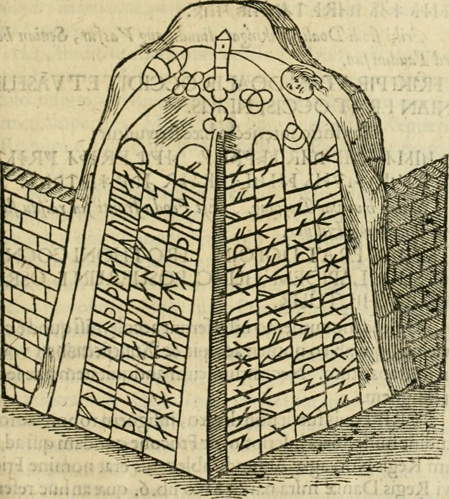 An illustration from Danicorum monumentorum libri sex : e spissis antiquitatum tenebris et in Dania ac Norvegia extantibus ruderibus, 1643, leaf 336