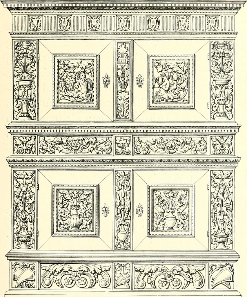 An illustration from Das deutsche Zimmer der Gothik und Renaissance : des Barock-, Rococo- und Zopfstils Anregungen zu häuslicher Kunstpflege, 1886, leaf 147