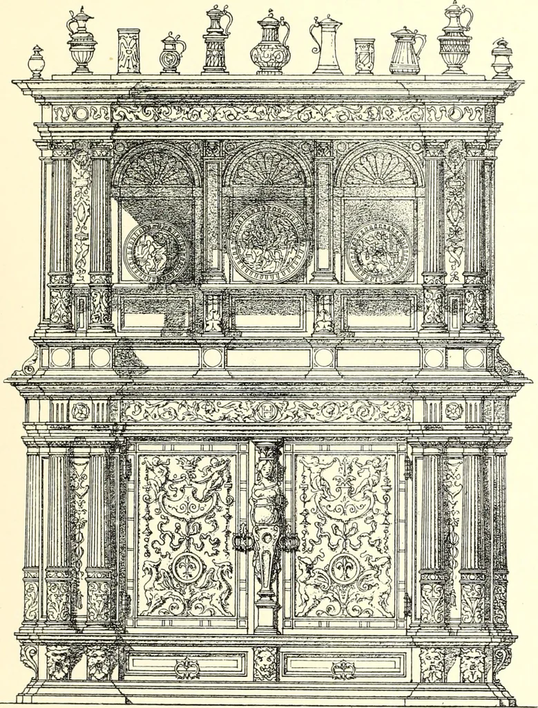 An illustration from Das deutsche Zimmer der Gothik und Renaissance : des Barock-, Rococo- und Zopfstils Anregungen zu häuslicher Kunstpflege, 1886, leaf 155