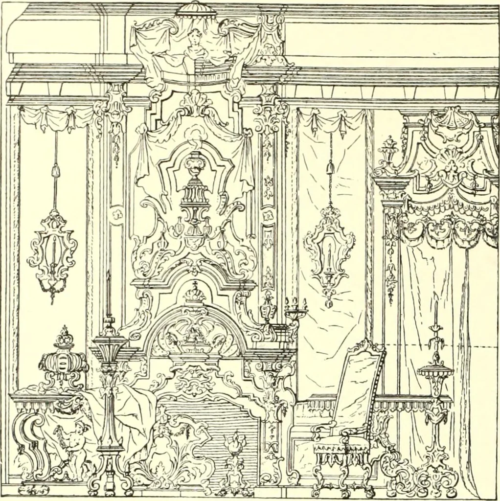 An illustration from Das deutsche Zimmer der Gothik und Renaissance : des Barock-, Rococo- und Zopfstils Anregungen zu häuslicher Kunstpflege, 1886, leaf 414
