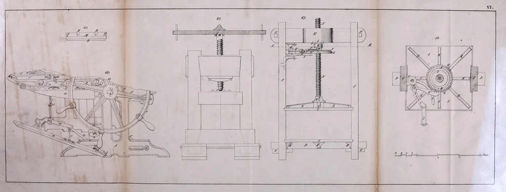 An illustration from Das Ganze des Steindrucks, oder, Vollständige theoretischpraktische Anweisung zur Ausübung der Lithographie in ihrem ganzen Umfange und auf ihrem jetzigen Standpunkte : Anleitung zur Anfertigung von Steinzeichnungen nach allen gebräuchlichen Manieren, zur Lithochromie oder dem Farbendrucke und zu allen sonstigen lithographischen Operationen : Beschreibung aller Apparate und Geräthschaften zum Steindrucke &c. : nebst einem Anhange von der Zinkographie, 1843, leaf 353