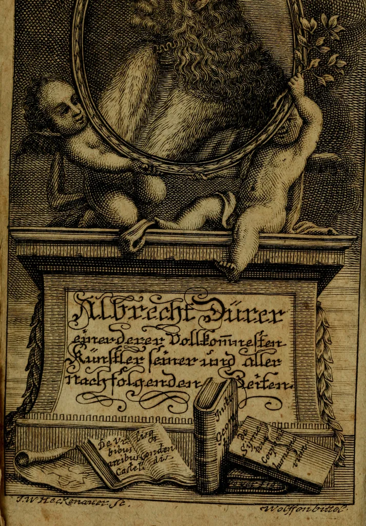 An illustration from Das Gedechtniss der Ehren eines derer vollkommnesten Künstler seiner und aller nachfolgenden Zeiten, Albrecht Dürers, üm eben die Zeit, als er vor 200. Jahren die Welt verlassen : aus besonderer Verehrung vor dessen Verdinste ans Licht gestellet, 1728, leaf 3