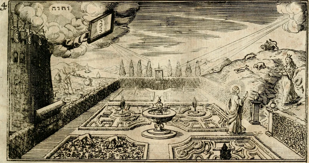 An illustration from Das hohe Lied dess Königes Salomons, nach der Ordnung dess Textes summarischen gebeten Rand, Glossen und kurtzen Beschluss-Liedern, 1662, leaf 144
