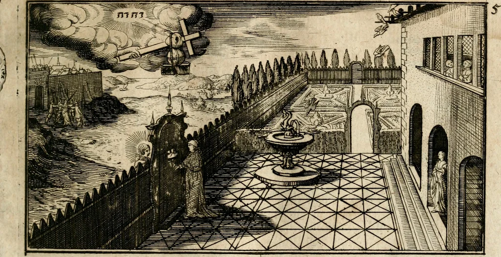 An illustration from Das hohe Lied dess Königes Salomons, nach der Ordnung dess Textes summarischen gebeten Rand, Glossen und kurtzen Beschluss-Liedern, 1662, leaf 186