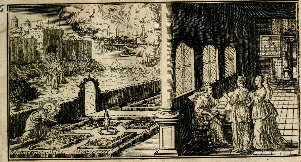 An illustration from Das hohe Lied dess Königes Salomons, nach der Ordnung dess Textes summarischen gebeten Rand, Glossen und kurtzen Beschluss-Liedern, 1662, leaf 230