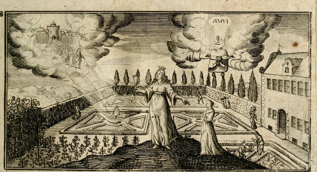 An illustration from Das hohe Lied dess Königes Salomons, nach der Ordnung dess Textes summarischen gebeten Rand, Glossen und kurtzen Beschluss-Liedern, 1662, leaf 296