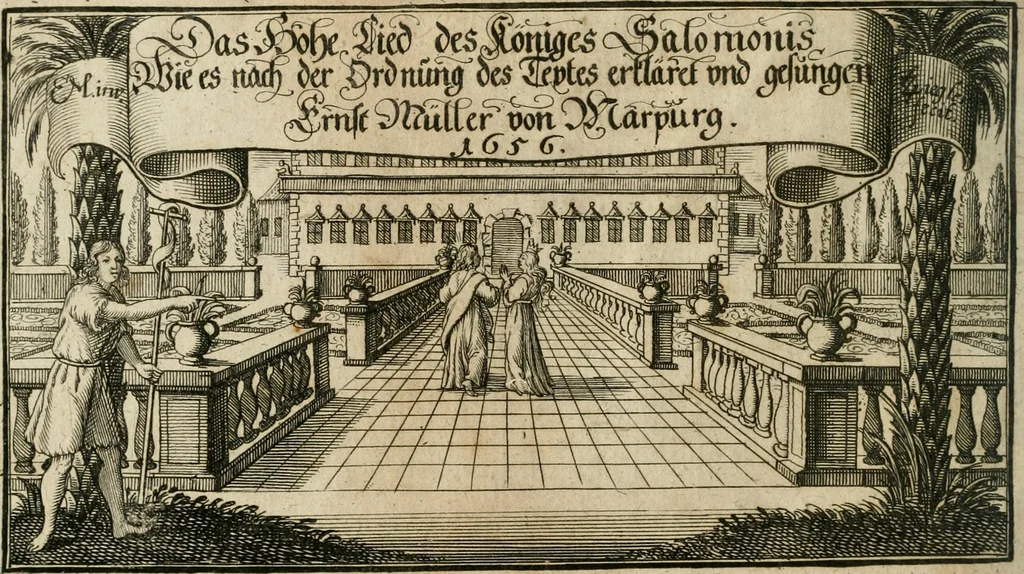 An illustration from Das hohe Lied dess Königes Salomons, nach der Ordnung dess Textes summarischen gebeten Rand, Glossen und kurtzen Beschluss-Liedern, 1662, leaf 5