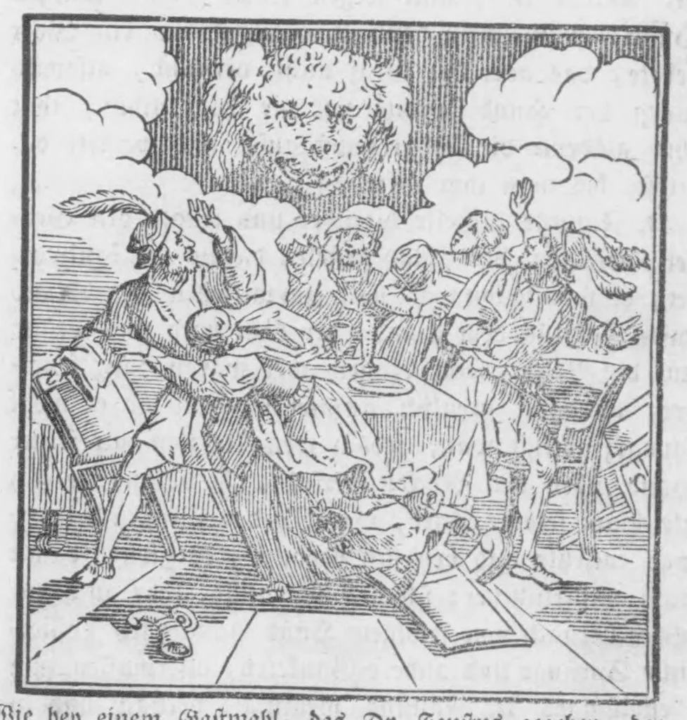 An illustration from Das ärgerliche Leben und schreckliche Ende des vielberüchtigten Erz-Schwarzkünstlers Johannis Fausti [microform], 1834, leaf 45