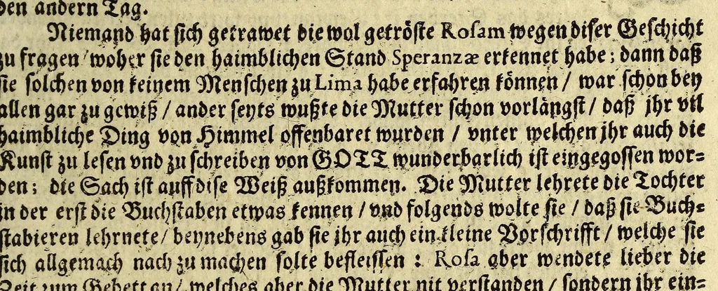 An illustration from Dass wunderbarliche Leben, und vil werther Todt der Ehrwürdigen Schwester Rosa De S. Maria von Lima gebürtig, auss der dritten Regel dess H. Vatters Dominici. : Anfänglich in Lateinischer Sprach Ihro Bäpstliche Heiligkeit Alexandro VII. zugeschriben von Adm. Rdo. & Eximio P. Magistro F. Leonardo Hansen, Ord. Praed. Provinciali Angliae & Socio reverendissimi P. Magistri Generalis: anjetzo aber zu Trost allen frommen Seelen, 1667, leaf 227