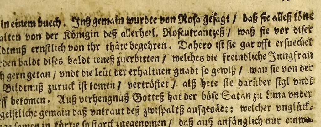 An illustration from Dass wunderbarliche Leben, und vil werther Todt der Ehrwürdigen Schwester Rosa De S. Maria von Lima gebürtig, auss der dritten Regel dess H. Vatters Dominici. : Anfänglich in Lateinischer Sprach Ihro Bäpstliche Heiligkeit Alexandro VII. zugeschriben von Adm. Rdo. & Eximio P. Magistro F. Leonardo Hansen, Ord. Praed. Provinciali Angliae & Socio reverendissimi P. Magistri Generalis: anjetzo aber zu Trost allen frommen Seelen, 1667, leaf 165