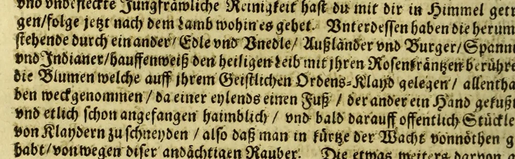 An illustration from Dass wunderbarliche Leben, und vil werther Todt der Ehrwürdigen Schwester Rosa De S. Maria von Lima gebürtig, auss der dritten Regel dess H. Vatters Dominici. : Anfänglich in Lateinischer Sprach Ihro Bäpstliche Heiligkeit Alexandro VII. zugeschriben von Adm. Rdo. & Eximio P. Magistro F. Leonardo Hansen, Ord. Praed. Provinciali Angliae & Socio reverendissimi P. Magistri Generalis: anjetzo aber zu Trost allen frommen Seelen, 1667, leaf 242