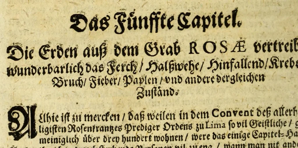 An illustration from Dass wunderbarliche Leben, und vil werther Todt der Ehrwürdigen Schwester Rosa De S. Maria von Lima gebürtig, auss der dritten Regel dess H. Vatters Dominici. : Anfänglich in Lateinischer Sprach Ihro Bäpstliche Heiligkeit Alexandro VII. zugeschriben von Adm. Rdo. & Eximio P. Magistro F. Leonardo Hansen, Ord. Praed. Provinciali Angliae & Socio reverendissimi P. Magistri Generalis: anjetzo aber zu Trost allen frommen Seelen, 1667, leaf 304