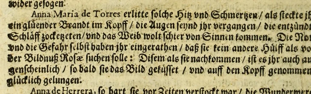 An illustration from Dass wunderbarliche Leben, und vil werther Todt der Ehrwürdigen Schwester Rosa De S. Maria von Lima gebürtig, auss der dritten Regel dess H. Vatters Dominici. : Anfänglich in Lateinischer Sprach Ihro Bäpstliche Heiligkeit Alexandro VII. zugeschriben von Adm. Rdo. & Eximio P. Magistro F. Leonardo Hansen, Ord. Praed. Provinciali Angliae & Socio reverendissimi P. Magistri Generalis: anjetzo aber zu Trost allen frommen Seelen, 1667, leaf 320