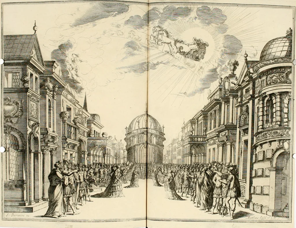 An illustration from Das vestalische ewige Feur, zur Geburts-Befrolokung deren Römischen Kayserlichen Mayestätten Leopold vnd Clavdia durchleuchtigisten Prinzessin Anna Maria auff der grossen Schau-Bühne gesungener vorgestellt, auss dem Wälschen in das Teutsche übersetzet, 1674, leaf 106