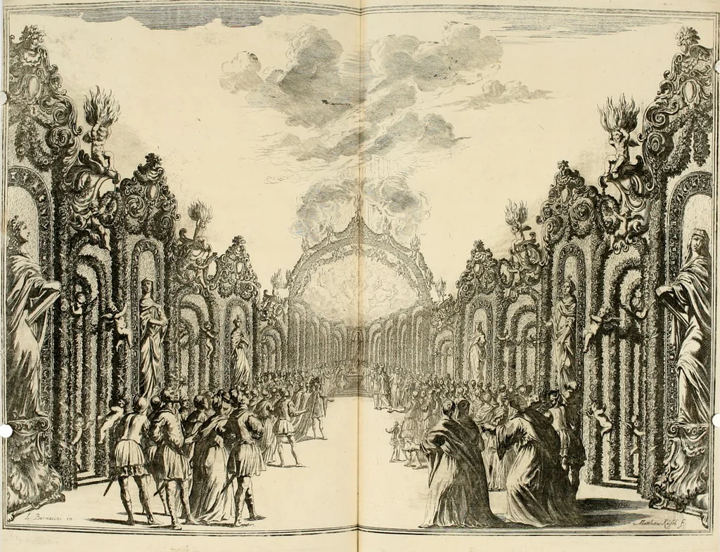 An illustration from Das vestalische ewige Feur, zur Geburts-Befrolokung deren Römischen Kayserlichen Mayestätten Leopold vnd Clavdia durchleuchtigisten Prinzessin Anna Maria auff der grossen Schau-Bühne gesungener vorgestellt, auss dem Wälschen in das Teutsche übersetzet, 1674, leaf 115