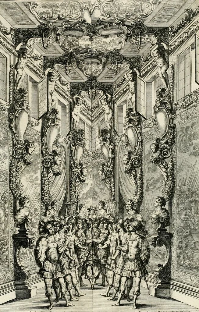 An illustration from Das vestalische ewige Feur, zur Geburts-Befrolokung deren Römischen Kayserlichen Mayestätten Leopold vnd Clavdia durchleuchtigisten Prinzessin Anna Maria auff der grossen Schau-Bühne gesungener vorgestellt, auss dem Wälschen in das Teutsche übersetzet, 1674, leaf 32