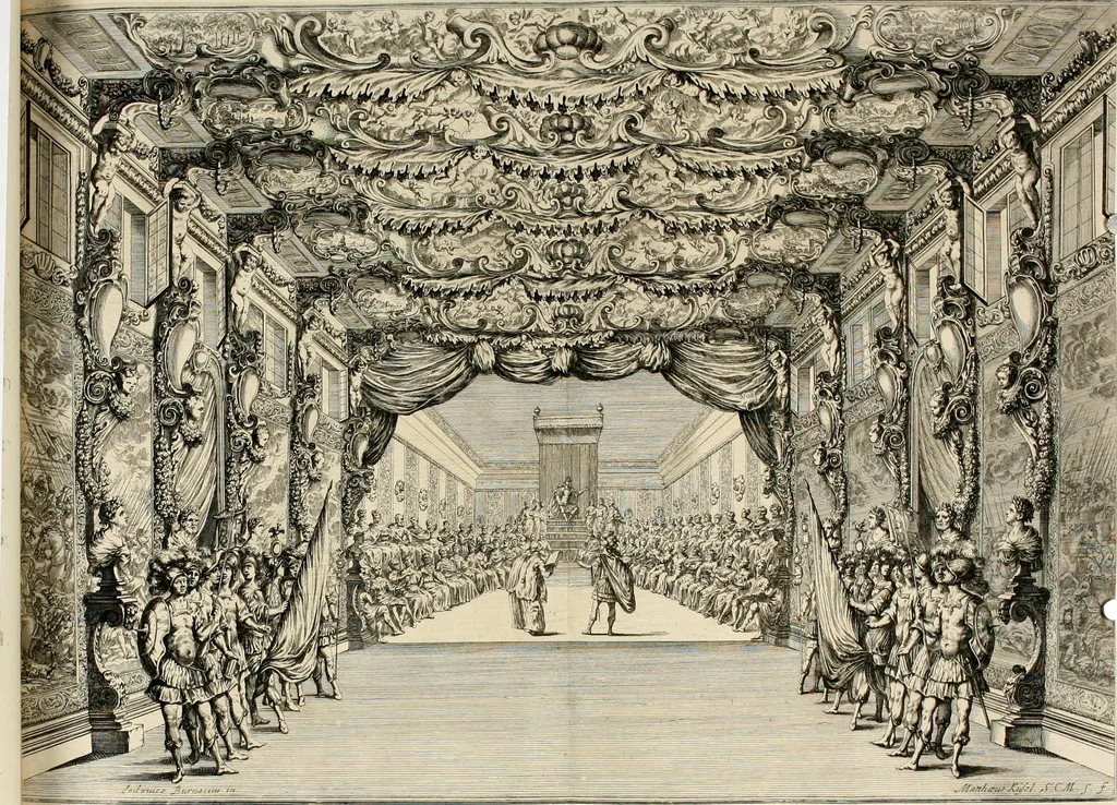 An illustration from Das vestalische ewige Feur, zur Geburts-Befrolokung deren Römischen Kayserlichen Mayestätten Leopold vnd Clavdia durchleuchtigisten Prinzessin Anna Maria auff der grossen Schau-Bühne gesungener vorgestellt, auss dem Wälschen in das Teutsche übersetzet, 1674, leaf 33