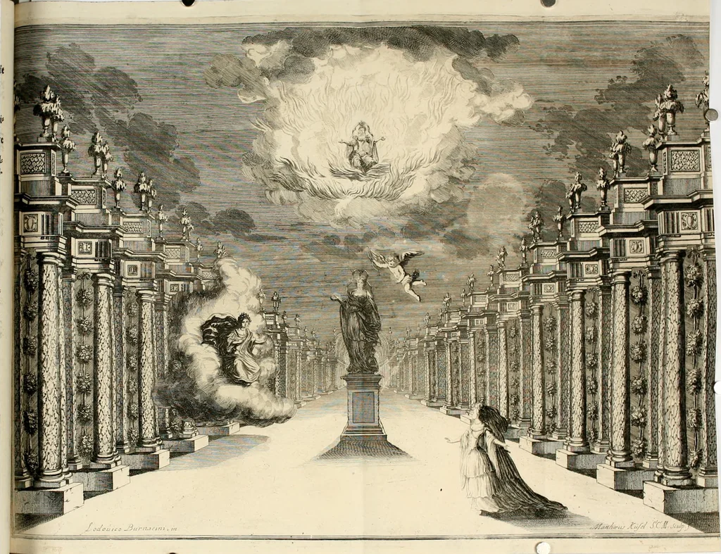 An illustration from Das vestalische ewige Feur, zur Geburts-Befrolokung deren Römischen Kayserlichen Mayestätten Leopold vnd Clavdia durchleuchtigisten Prinzessin Anna Maria auff der grossen Schau-Bühne gesungener vorgestellt, auss dem Wälschen in das Teutsche übersetzet, 1674, leaf 37