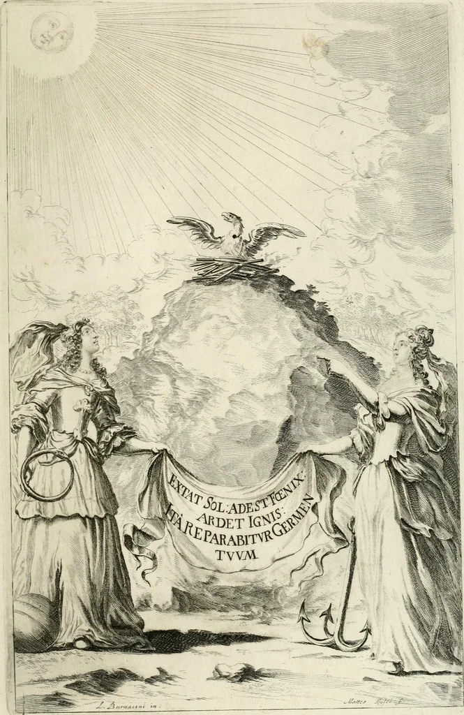 An illustration from Das vestalische ewige Feur, zur Geburts-Befrolokung deren Römischen Kayserlichen Mayestätten Leopold vnd Clavdia durchleuchtigisten Prinzessin Anna Maria auff der grossen Schau-Bühne gesungener vorgestellt, auss dem Wälschen in das Teutsche übersetzet, 1674, leaf 4