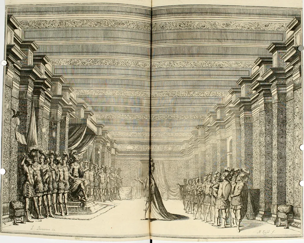 An illustration from Das vestalische ewige Feur, zur Geburts-Befrolokung deren Römischen Kayserlichen Mayestätten Leopold vnd Clavdia durchleuchtigisten Prinzessin Anna Maria auff der grossen Schau-Bühne gesungener vorgestellt, auss dem Wälschen in das Teutsche übersetzet, 1674, leaf 42