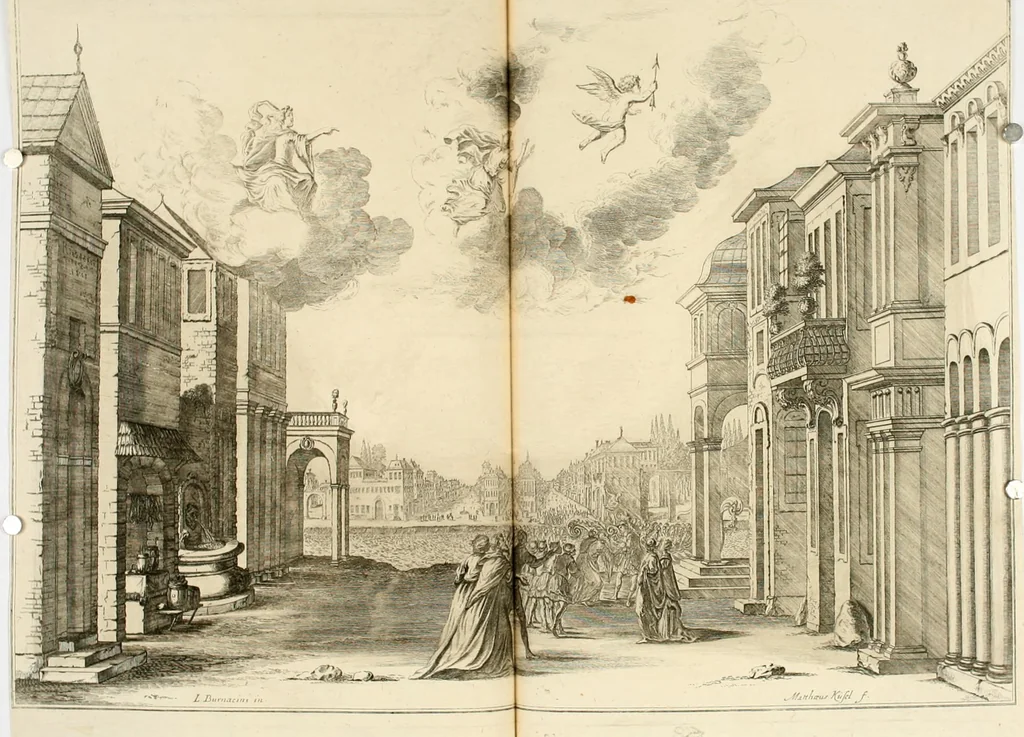 An illustration from Das vestalische ewige Feur, zur Geburts-Befrolokung deren Römischen Kayserlichen Mayestätten Leopold vnd Clavdia durchleuchtigisten Prinzessin Anna Maria auff der grossen Schau-Bühne gesungener vorgestellt, auss dem Wälschen in das Teutsche übersetzet, 1674, leaf 51