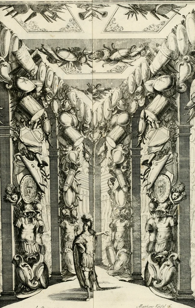 An illustration from Das vestalische ewige Feur, zur Geburts-Befrolokung deren Römischen Kayserlichen Mayestätten Leopold vnd Clavdia durchleuchtigisten Prinzessin Anna Maria auff der grossen Schau-Bühne gesungener vorgestellt, auss dem Wälschen in das Teutsche übersetzet, 1674, leaf 56