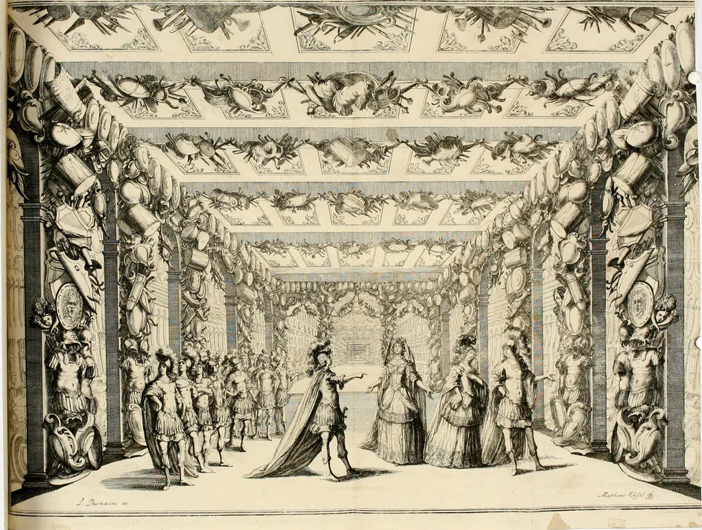 An illustration from Das vestalische ewige Feur, zur Geburts-Befrolokung deren Römischen Kayserlichen Mayestätten Leopold vnd Clavdia durchleuchtigisten Prinzessin Anna Maria auff der grossen Schau-Bühne gesungener vorgestellt, auss dem Wälschen in das Teutsche übersetzet, 1674, leaf 57