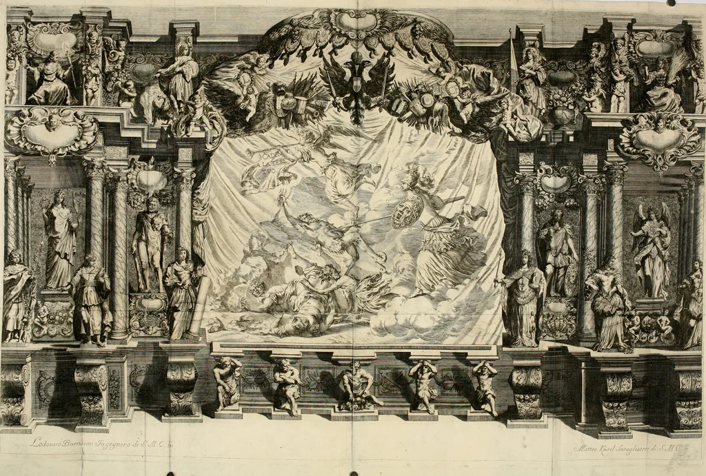 An illustration from Das vestalische ewige Feur, zur Geburts-Befrolokung deren Römischen Kayserlichen Mayestätten Leopold vnd Clavdia durchleuchtigisten Prinzessin Anna Maria auff der grossen Schau-Bühne gesungener vorgestellt, auss dem Wälschen in das Teutsche übersetzet, 1674, leaf 6