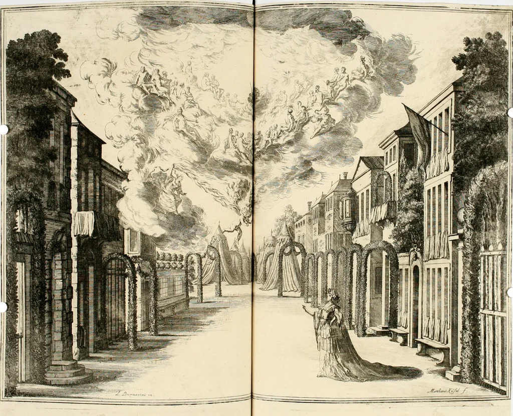 An illustration from Das vestalische ewige Feur, zur Geburts-Befrolokung deren Römischen Kayserlichen Mayestätten Leopold vnd Clavdia durchleuchtigisten Prinzessin Anna Maria auff der grossen Schau-Bühne gesungener vorgestellt, auss dem Wälschen in das Teutsche übersetzet, 1674, leaf 67