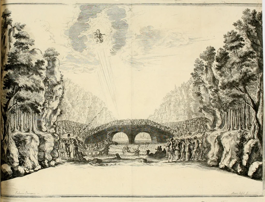 An illustration from Das vestalische ewige Feur, zur Geburts-Befrolokung deren Römischen Kayserlichen Mayestätten Leopold vnd Clavdia durchleuchtigisten Prinzessin Anna Maria auff der grossen Schau-Bühne gesungener vorgestellt, auss dem Wälschen in das Teutsche übersetzet, 1674, leaf 81