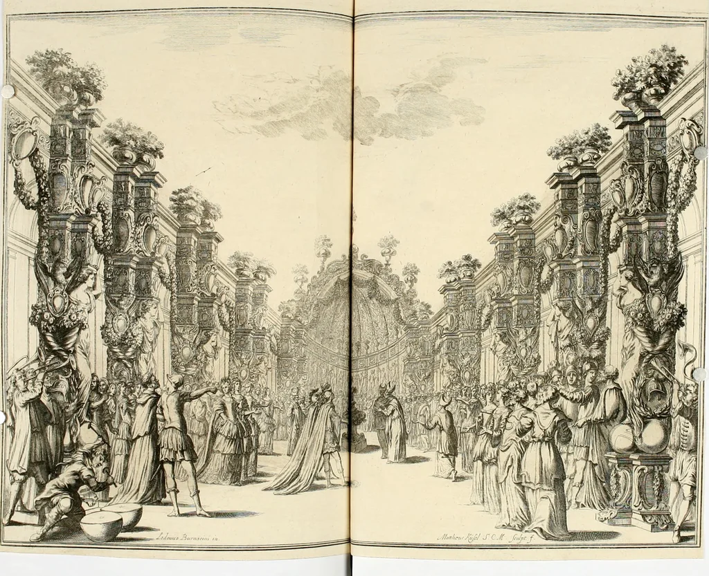 An illustration from Das vestalische ewige Feur, zur Geburts-Befrolokung deren Römischen Kayserlichen Mayestätten Leopold vnd Clavdia durchleuchtigisten Prinzessin Anna Maria auff der grossen Schau-Bühne gesungener vorgestellt, auss dem Wälschen in das Teutsche übersetzet, 1674, leaf 89