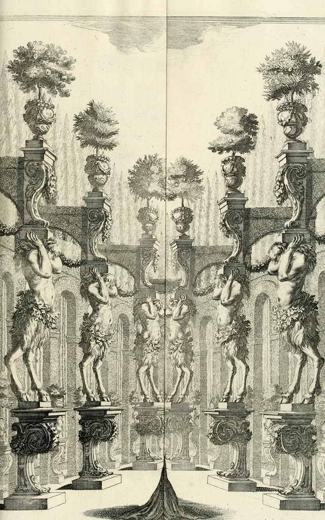 An illustration from Das vestalische ewige Feur, zur Geburts-Befrolokung deren Römischen Kayserlichen Mayestätten Leopold vnd Clavdia durchleuchtigisten Prinzessin Anna Maria auff der grossen Schau-Bühne gesungener vorgestellt, auss dem Wälschen in das Teutsche übersetzet, 1674, leaf 94