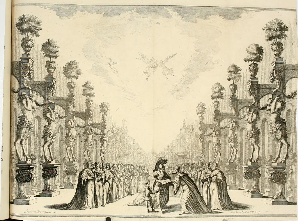 An illustration from Das vestalische ewige Feur, zur Geburts-Befrolokung deren Römischen Kayserlichen Mayestätten Leopold vnd Clavdia durchleuchtigisten Prinzessin Anna Maria auff der grossen Schau-Bühne gesungener vorgestellt, auss dem Wälschen in das Teutsche übersetzet, 1674, leaf 95
