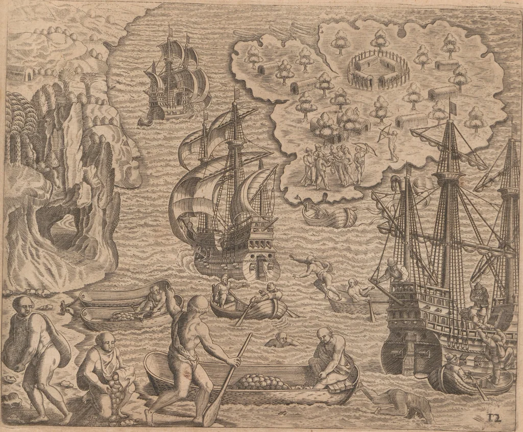 An illustration from Das vierdte Buch von der Neuwen Welt. Oder Neuwe vnd gründtliche Historien, von dem Nidergängischen Indien, so von Christophoro Columbo im Jar 1492 erstlich erfunden, 1594, leaf 195