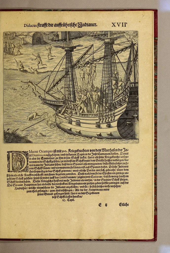 An illustration from Das vierdte Buch von der Neuwen Welt. : Oder neuwe und gründtliche Historien, von dem Nidergängischen Indien, so von Christophoro Columbo im Jar 1492. erstlich erfunden., 1594, leaf 213