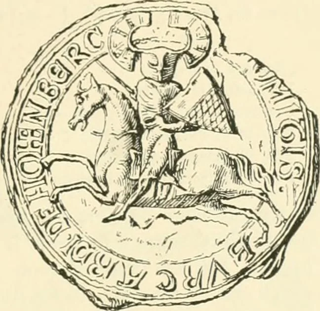 An illustration from Das Wappen des fürstlichen Hauses Hohenzollern in seiner Entwicklung von der ältesten Zeit bis zur Gegenwart historisch dargestellt, nebst Anhang: Hohenzollern'sche Allianz-Wappen, 1889, leaf 14