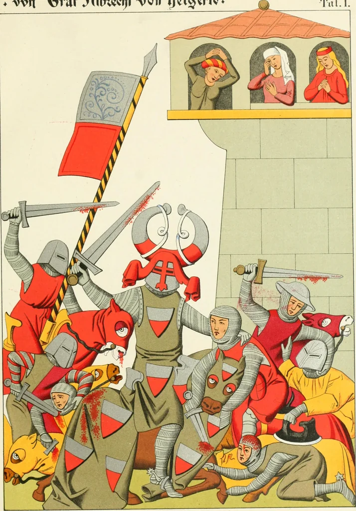 An illustration from Das Wappen des fürstlichen Hauses Hohenzollern in seiner Entwicklung von der ältesten Zeit bis zur Gegenwart historisch dargestellt, nebst Anhang: Hohenzollern'sche Allianz-Wappen, 1889, leaf 16