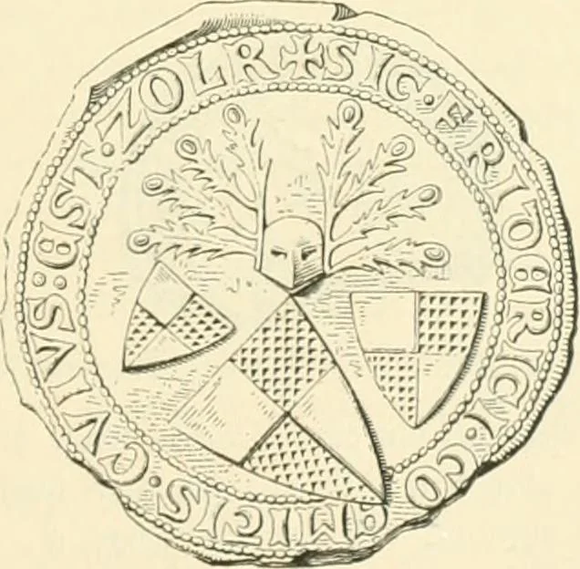 An illustration from Das Wappen des fürstlichen Hauses Hohenzollern in seiner Entwicklung von der ältesten Zeit bis zur Gegenwart historisch dargestellt, nebst Anhang: Hohenzollern'sche Allianz-Wappen, 1889, leaf 34