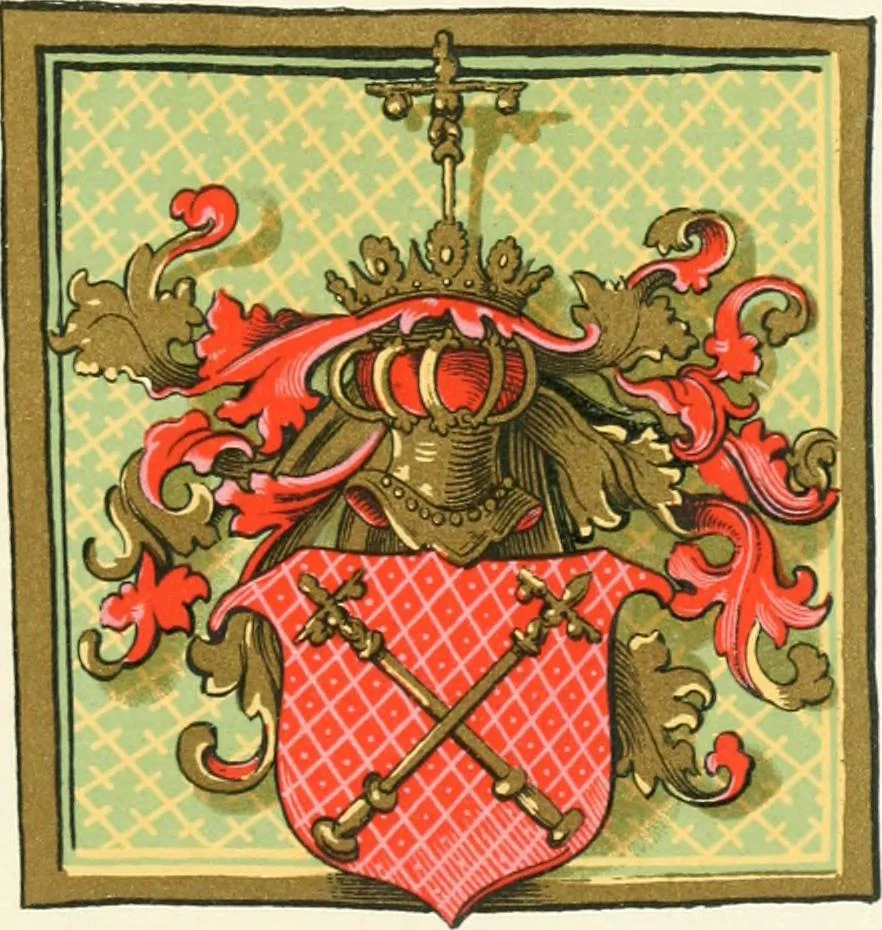 An illustration from Das Wappen des fürstlichen Hauses Hohenzollern in seiner Entwicklung von der ältesten Zeit bis zur Gegenwart historisch dargestellt, nebst Anhang: Hohenzollern'sche Allianz-Wappen, 1889, leaf 46