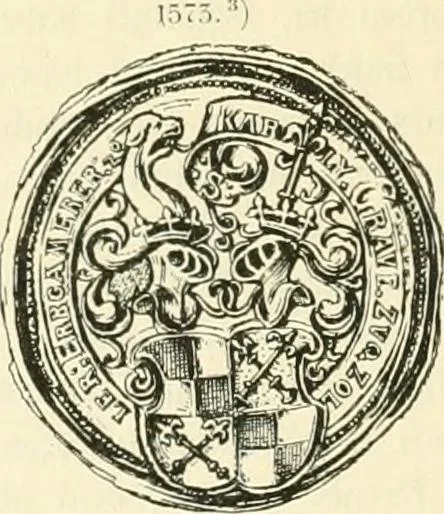 An illustration from Das Wappen des fürstlichen Hauses Hohenzollern in seiner Entwicklung von der ältesten Zeit bis zur Gegenwart historisch dargestellt, nebst Anhang: Hohenzollern'sche Allianz-Wappen, 1889, leaf 49