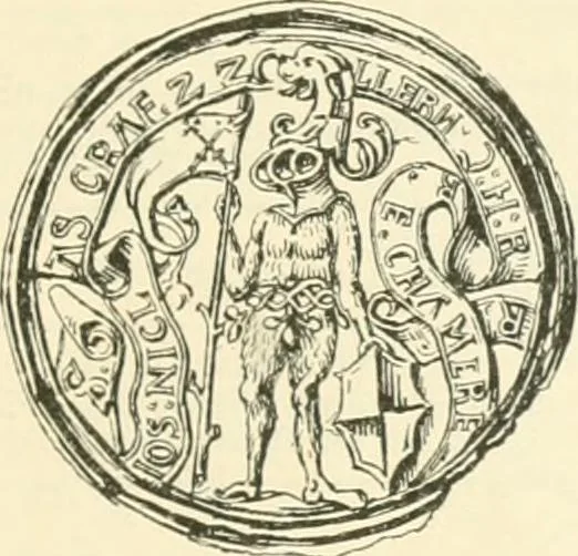 An illustration from Das Wappen des fürstlichen Hauses Hohenzollern in seiner Entwicklung von der ältesten Zeit bis zur Gegenwart historisch dargestellt, nebst Anhang: Hohenzollern'sche Allianz-Wappen, 1889, leaf 50