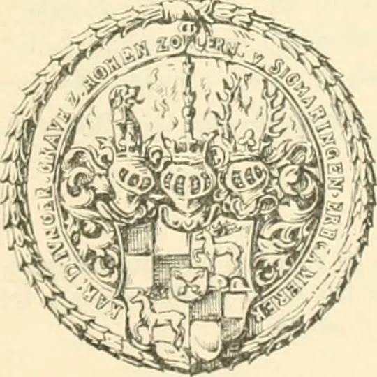 An illustration from Das Wappen des fürstlichen Hauses Hohenzollern in seiner Entwicklung von der ältesten Zeit bis zur Gegenwart historisch dargestellt, nebst Anhang: Hohenzollern'sche Allianz-Wappen, 1889, leaf 62
