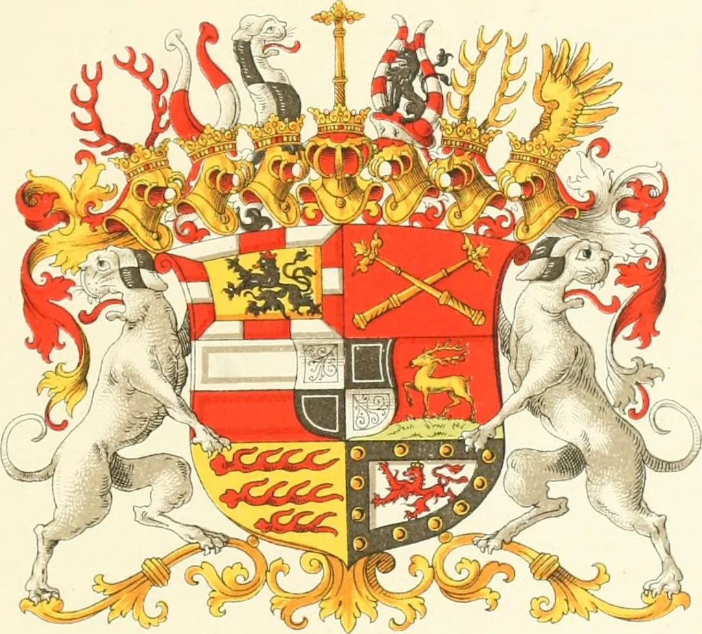 An illustration from Das Wappen des fürstlichen Hauses Hohenzollern in seiner Entwicklung von der ältesten Zeit bis zur Gegenwart historisch dargestellt, nebst Anhang: Hohenzollern'sche Allianz-Wappen, 1889, leaf 72