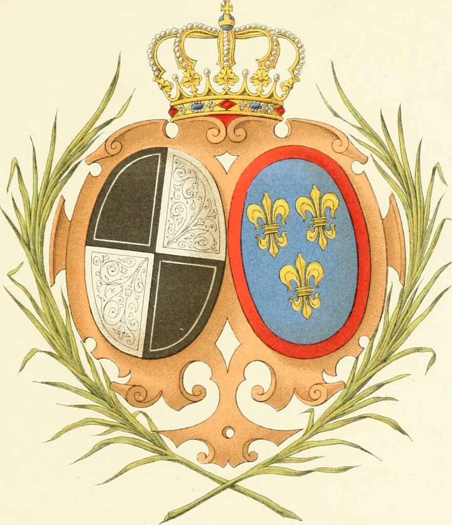 An illustration from Das Wappen des fürstlichen Hauses Hohenzollern in seiner Entwicklung von der ältesten Zeit bis zur Gegenwart historisch dargestellt, nebst Anhang: Hohenzollern'sche Allianz-Wappen, 1889, leaf 92