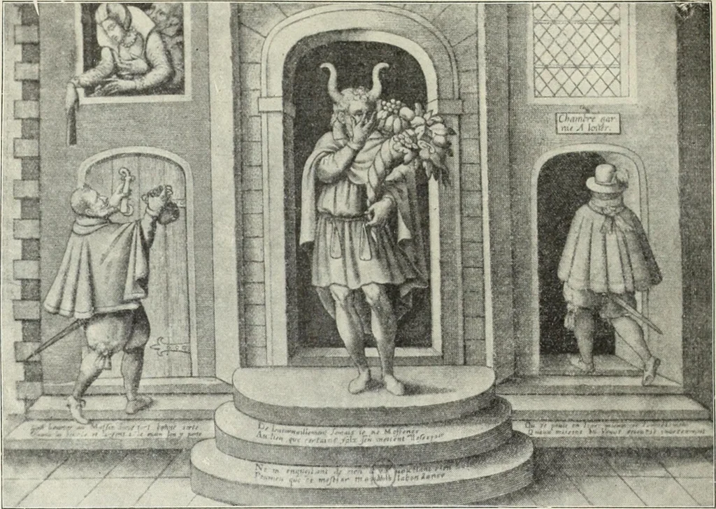 An illustration from Das Weib in der Karikatur Frankreichs : mit 448 Textillustrationen und 72 farbigen Kunstblättern nach seltenen und amüsanten französischen Karikaturen aus allen Zeitepochen, 1907, leaf 12