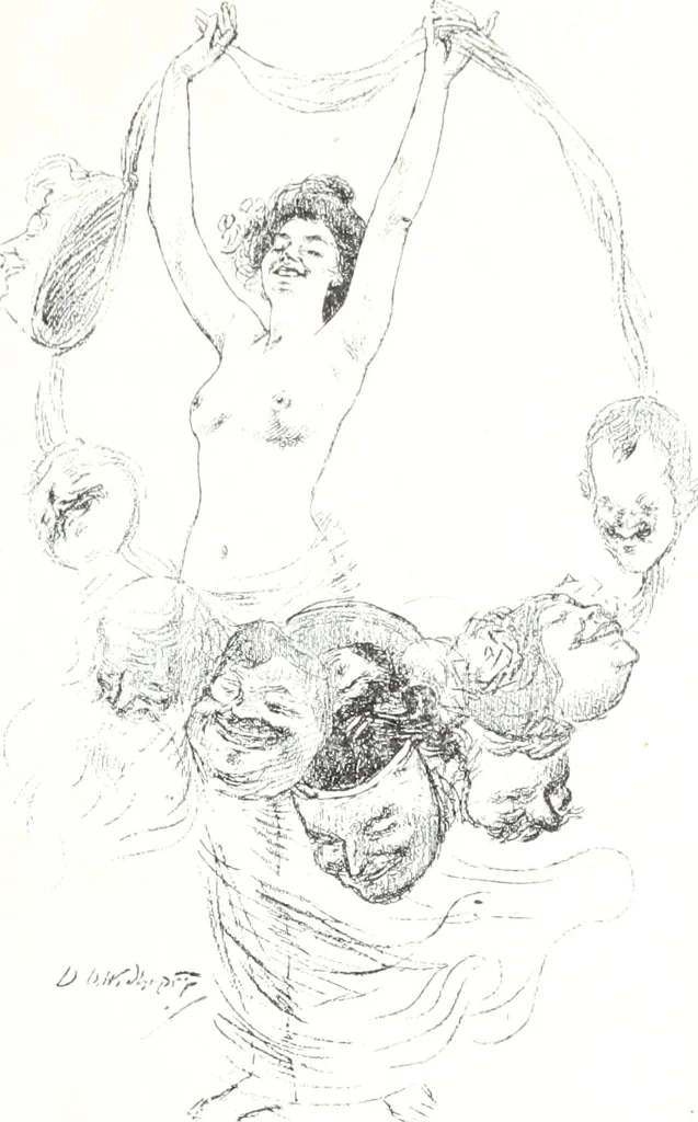 An illustration from Das Weib in der Karikatur Frankreichs : mit 448 Textillustrationen und 72 farbigen Kunstblättern nach seltenen und amüsanten französischen Karikaturen aus allen Zeitepochen, 1907, leaf 151