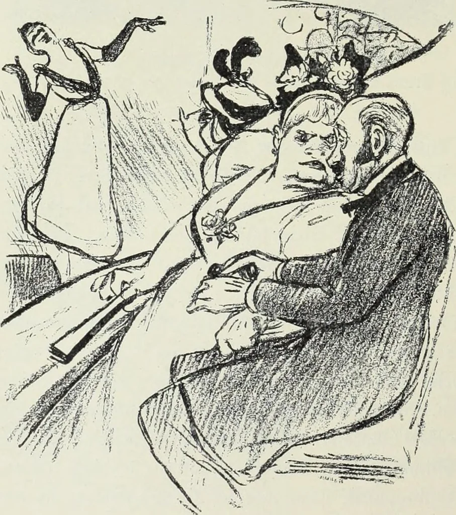 An illustration from Das Weib in der Karikatur Frankreichs : mit 448 Textillustrationen und 72 farbigen Kunstblättern nach seltenen und amüsanten französischen Karikaturen aus allen Zeitepochen, 1907, leaf 180